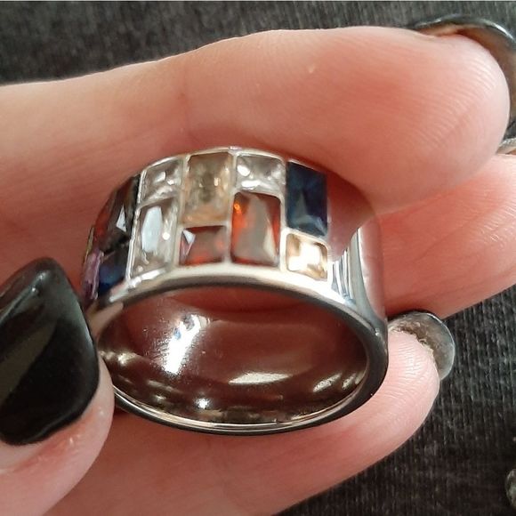 Silver solid titanium multi color Swarovski crystal boho ring sz 9 new - Picture 3 of 10